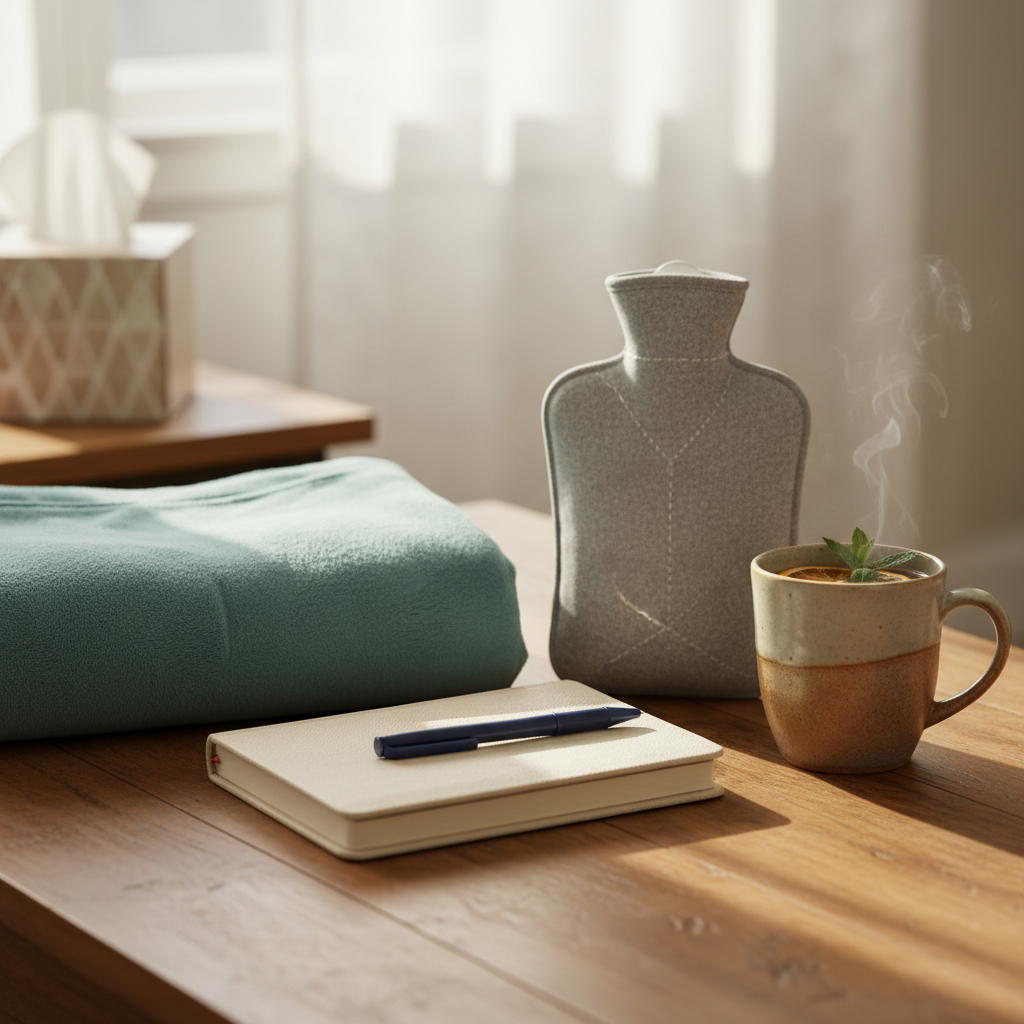 A cozy living room coffee table holds a small, organized “IBD comfort kit”: a neatly folded soft blanket in gentle teal, a closed journal with a plain cover and pen on top, a sleek hot water bottle with a fabric sleeve, and a simple ceramic mug filled with herbal tea. A tissue box with a neutral pattern sits in the background, slightly out of focus. Warm afternoon light streams through a sheer curtain, casting soft shadows and a reassuring glow across the wooden tabletop. Captured at eye level with shallow depth of field, the photographic image feels intimate, supportive, and educational about everyday life with bowel disease, emphasizing comfort and coping strategies without showing any people.