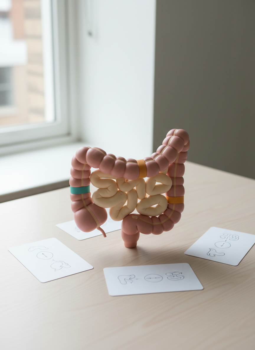 A cross-section style educational display of the digestive tract is laid out as a physical model on a light wooden desk, with the intestines represented by smooth, curved silicone tubes in muted pinks and creams. Simple colored bands gently highlight different segments without using medical jargon. Around the model lie open, text-free info cards with clean icons and arrows, suggesting explanation and guidance. Soft, diffused daylight from a nearby window washes over the scene, creating a calm, studio-like atmosphere. Shot from a slightly elevated angle with photographic realism, the composition uses the rule of thirds to focus on the intestine model, supporting clear, everyday understanding of Crohn’s and colitis while feeling professional and non-intimidating.