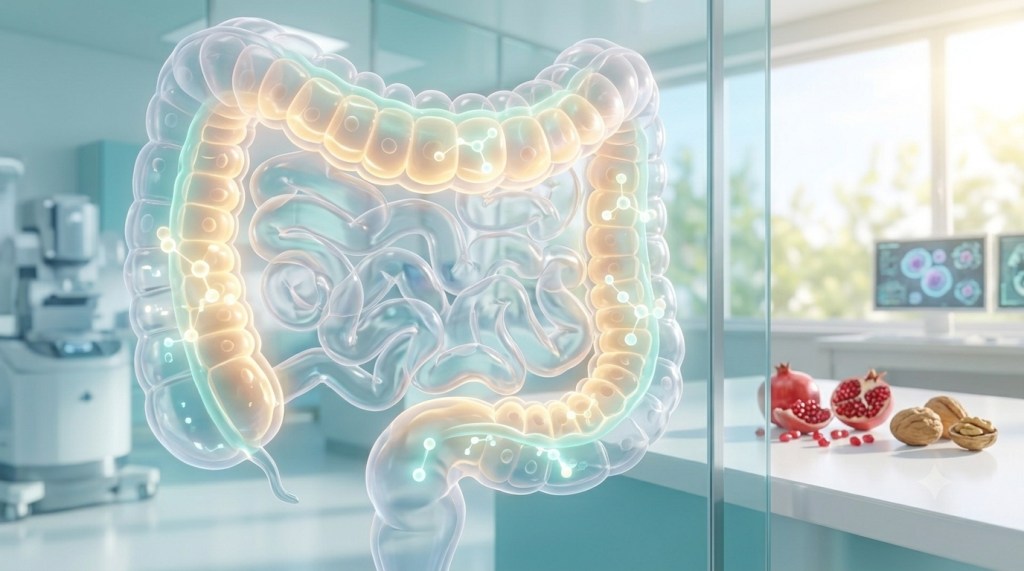 A sunlit 3D medical illustration of a translucent human intestine with glowing golden light reinforcing the gut barrier alongside subtle pomegranate and walnut motifs.