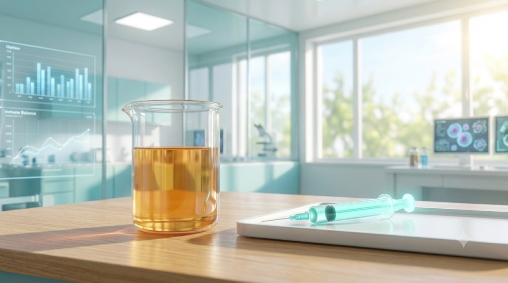 A bright 3D photograph of a glass of golden liquid nutrition formula and a light-teal biological capsule on a sunlit wooden desk.