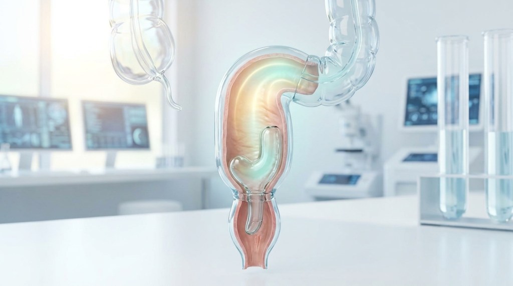 A sunlit 3D medical illustration of a translucent human J-pouch with a warm golden inner glow symbolizing restored digestive function.