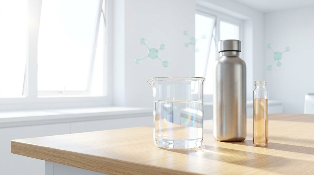 A bright 3D photograph of a beaker of clear water, a stainless steel bottle, and a laboratory vial on a wooden table bathed in morning sunlight.