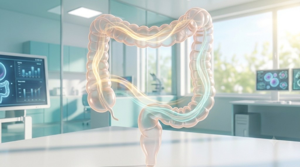 A sunlit 3D medical illustration of a translucent lower colon and rectum with soothing golden and light-teal light calming tissue irritation and relieving urgency.