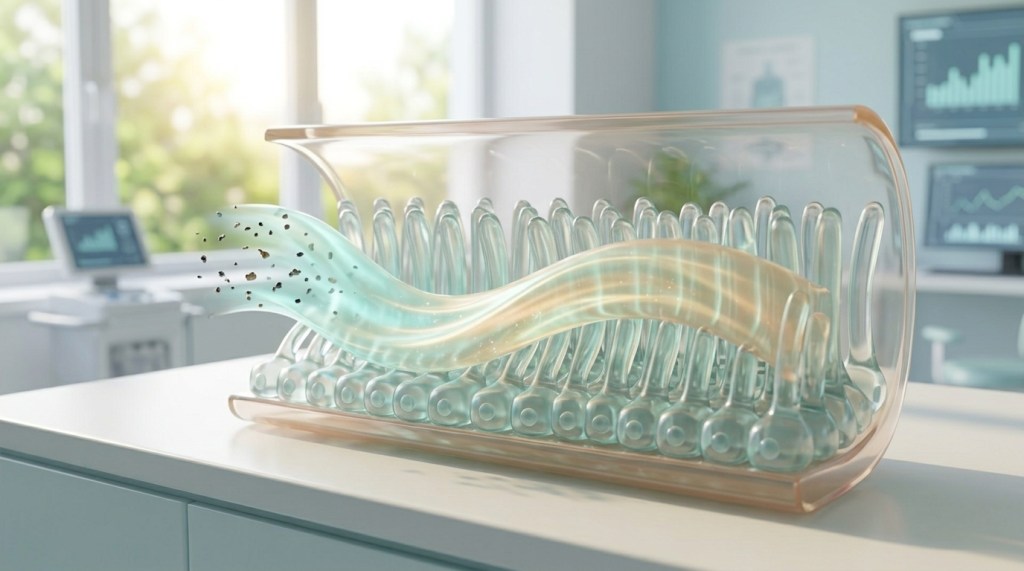 A sunlit 3D medical illustration of a translucent human intestine with glowing light-teal and golden energy restoring cellular balance along the gut wall.