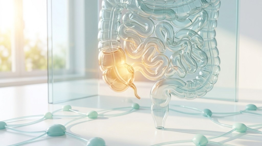 A sunlit 3D medical illustration of a translucent human intestine with a warm golden glow at the ileocaecal junction symbolising surgical recovery.