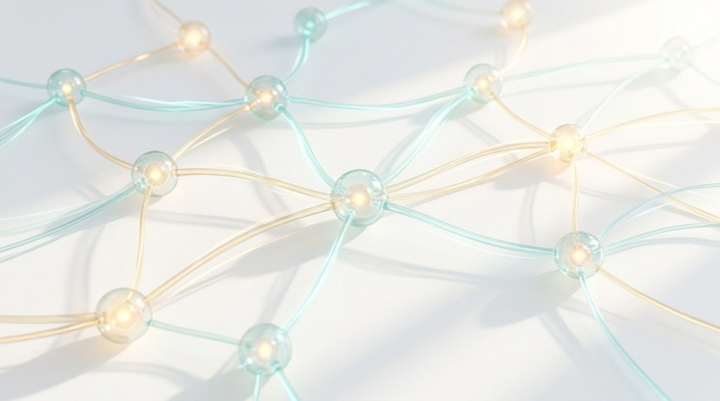 A bright, sunlit 3D illustration of glowing golden and light-teal neural network nodes connecting smoothly across a clean white background.