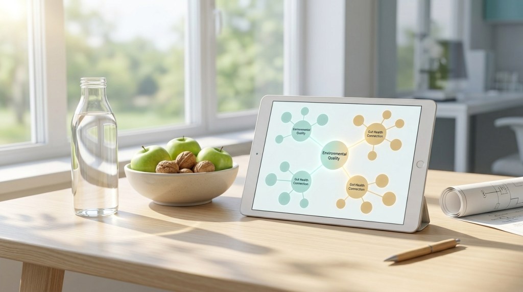 A bright 3D photograph of a fresh apple, walnut bowl, water bottle, and tablet with environmental charts on a wooden table bathed in morning light.