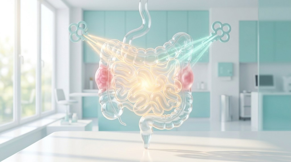 A stylized, sunlit 3D medical illustration of a translucent human intestine glowing gently as protective biological markers restore healthy tissue alignment.