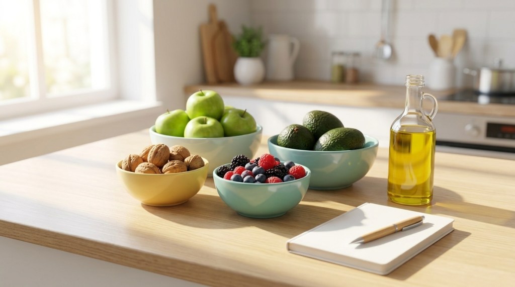A sunlit 3D photograph of fresh apples, avocados, walnuts, berries, and olive oil on a wooden table representing healthy IBD nutrition.