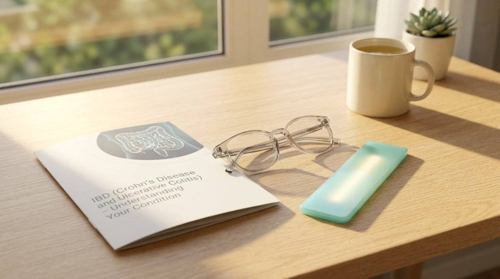 A bright 3D photograph of reading glasses and a bookmark on a wooden desk bathed in morning light representing health literacy.